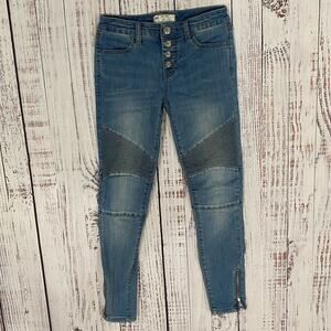 Free People Millennium Moto Skinny Jeans 25 Ankle Zip Hem Button Fly Blue